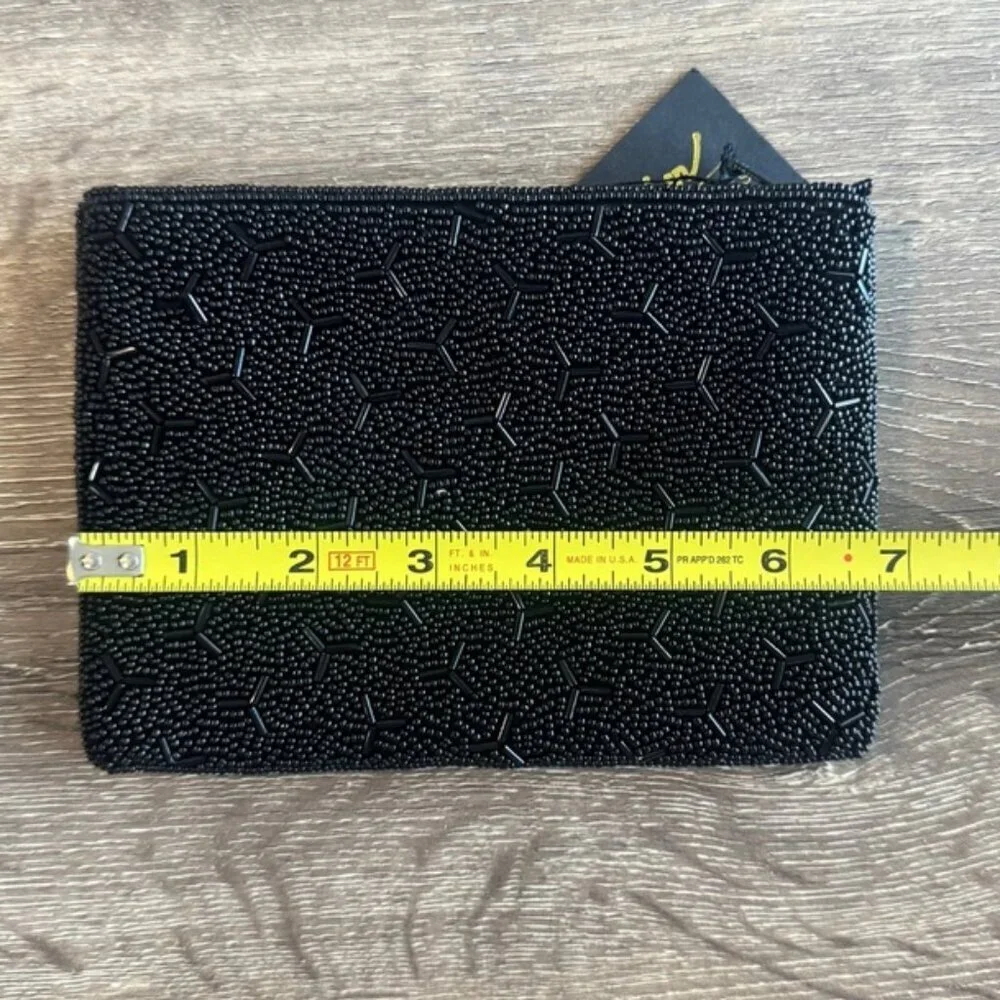 Inge Christopher Black Beaded Full Zip Makeup Bag / Clutch